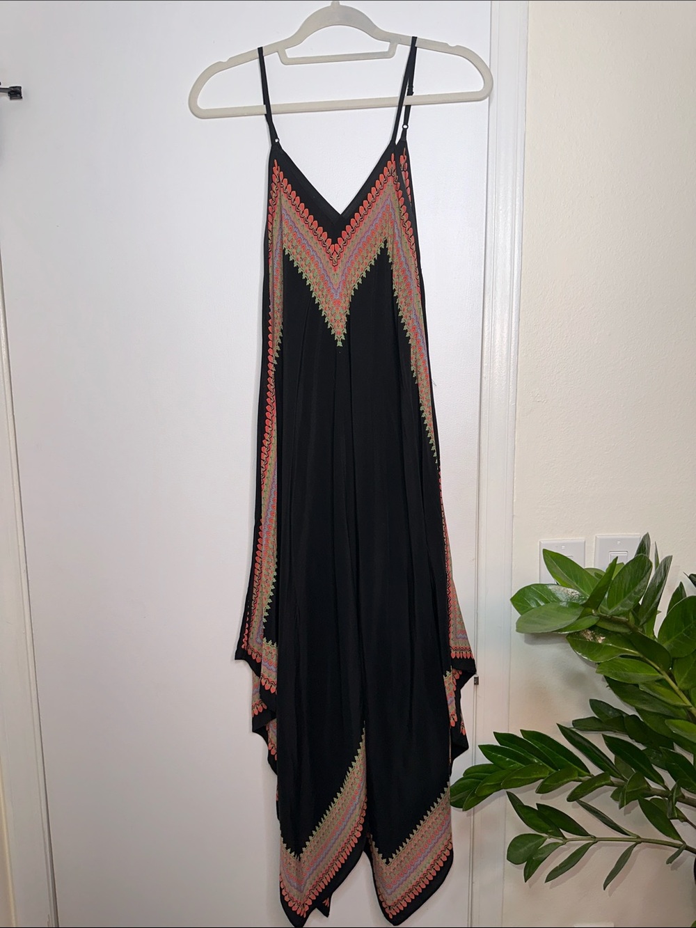 Anthropologie 100% Silk Black Maxi Dress with Coral and Olive Chevron Trim